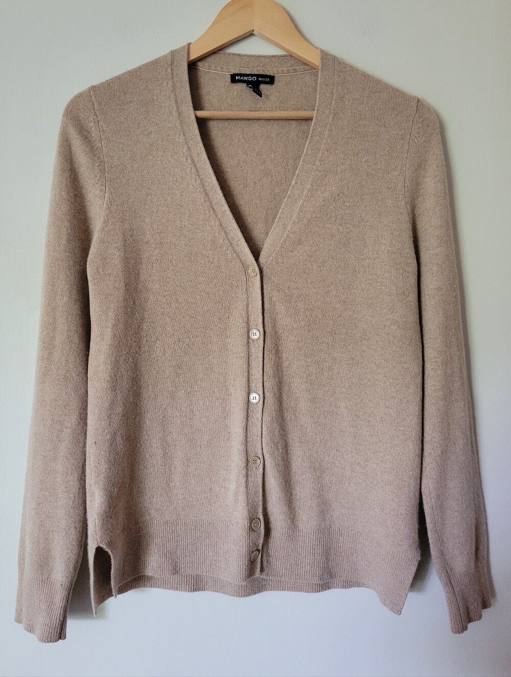 Mango Women's Cashmere Knit Cardigan Sweater Camel Tan Size Large